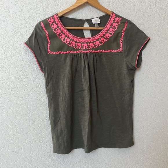 Cupio Embroidered Floral Olive & Pink Blouse sz medium - Picture 1 of 8